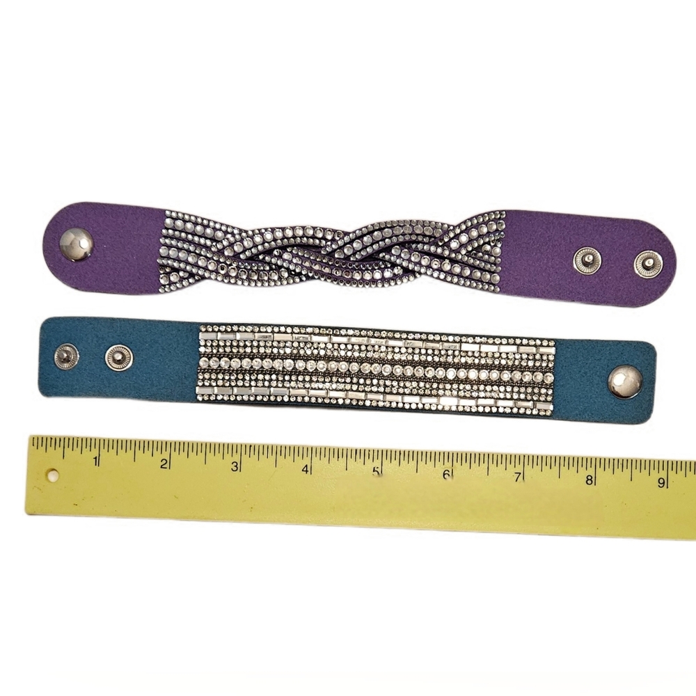 Paparazzi Fashion Urban Rhinestone Snap Bracelets Purple & Blue Faux Leather - Picture 2 of 5